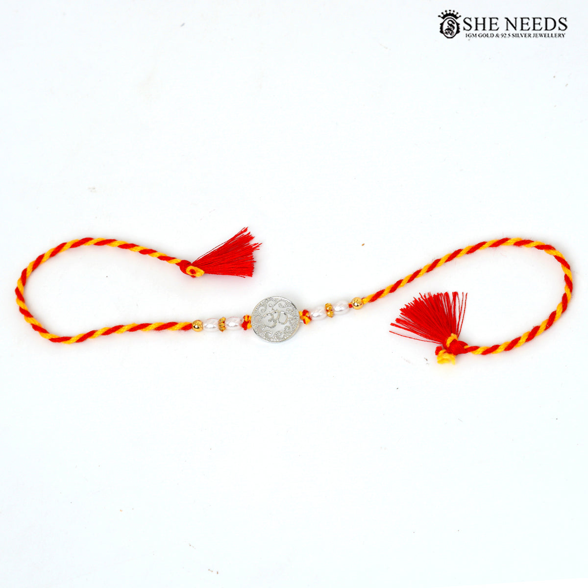 925 Silver Om Rakhi with Pearl Beads & Red-Yellow Thread