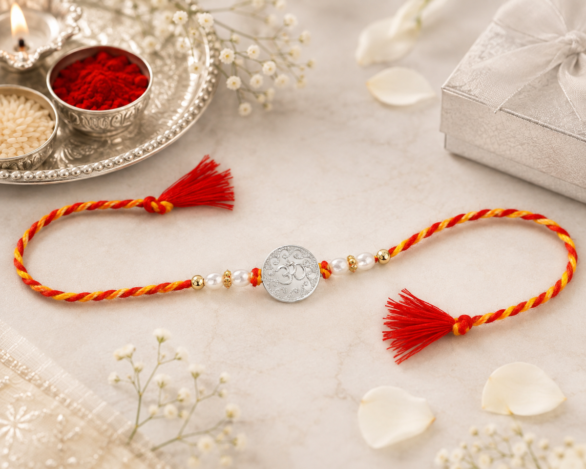 925 Silver Om Rakhi with Pearl Beads & Red-Yellow Thread