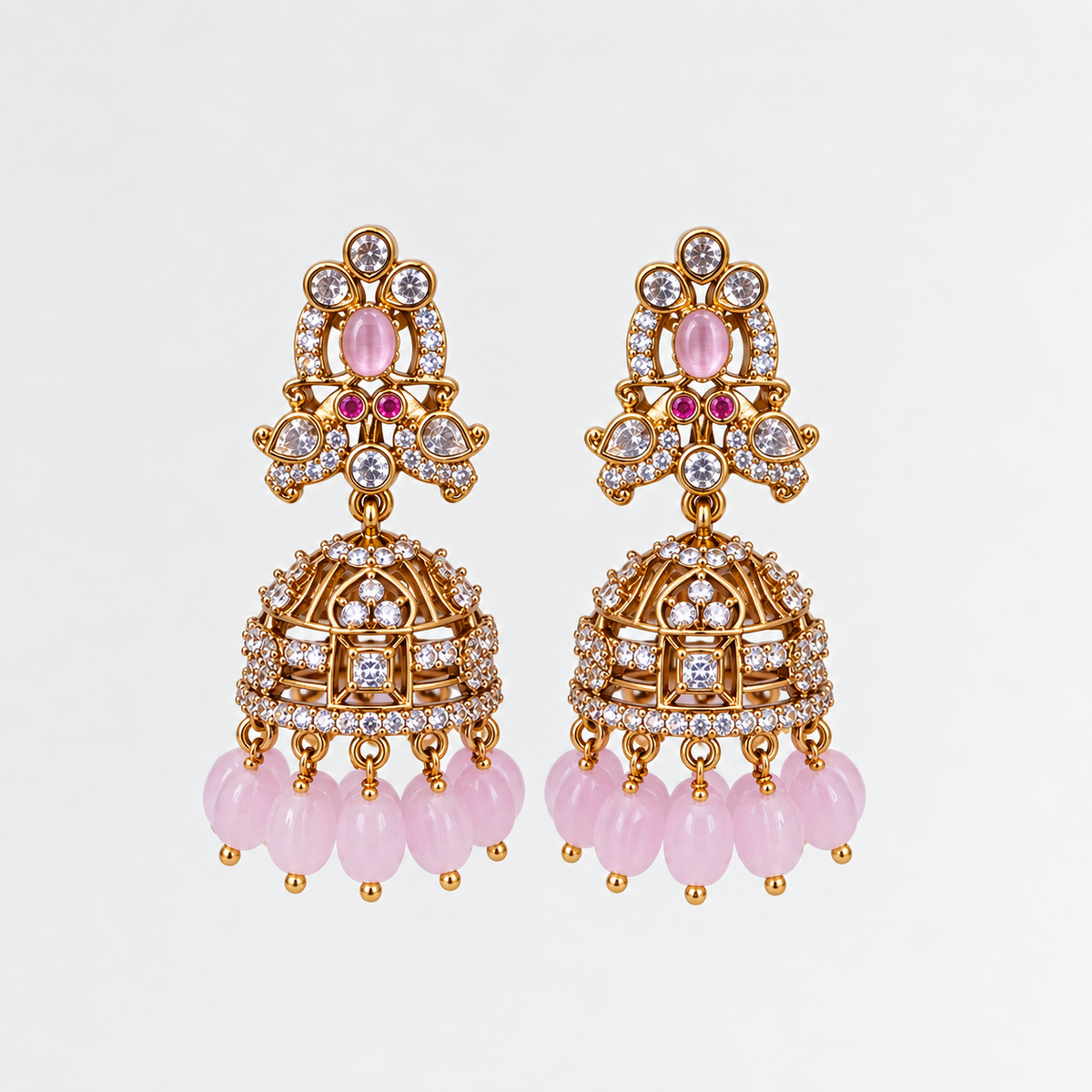 Aarika Antique Gold CZ Stone Jhumka Earrings with Bead Drops | Premium Festive Wear