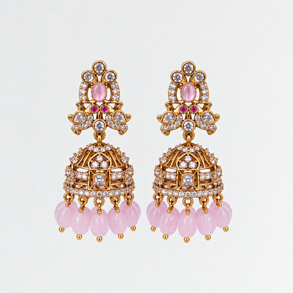 Aarika Antique Gold CZ Stone Jhumka Earrings with Bead Drops | Premium Festive Wear