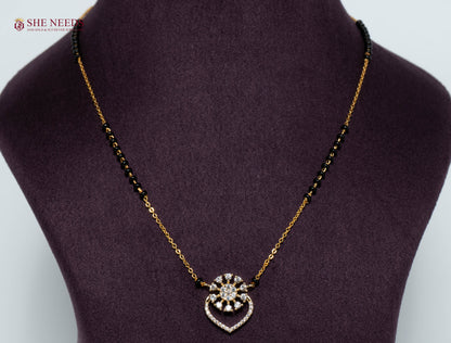 Aadhira Heart Bloom American Diamond Mangalsutra Necklace with Floral Heart CZ Pendant and Black Beads in Gold Plated Finish