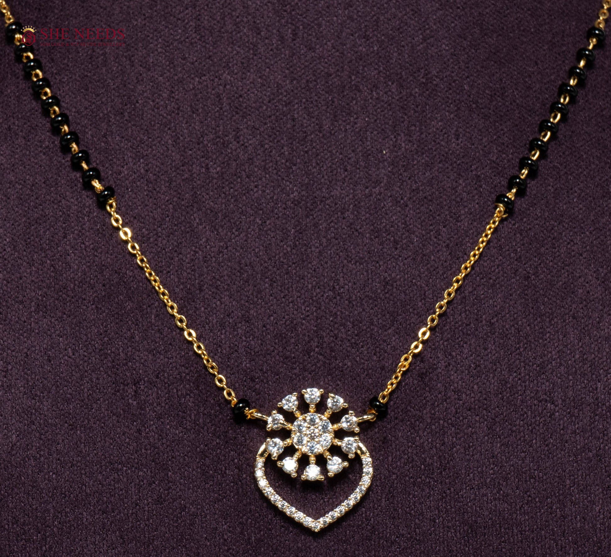 Aadhira Heart Bloom American Diamond Mangalsutra Necklace with Floral Heart CZ Pendant and Black Beads in Gold Plated Finish