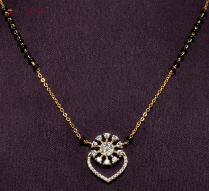 Aadhira Heart Bloom American Diamond Mangalsutra Necklace with Floral Heart CZ Pendant and Black Beads in Gold Plated Finish