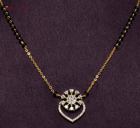 Aadhira Heart Bloom American Diamond Mangalsutra Necklace with Floral Heart CZ Pendant and Black Beads in Gold Plated Finish