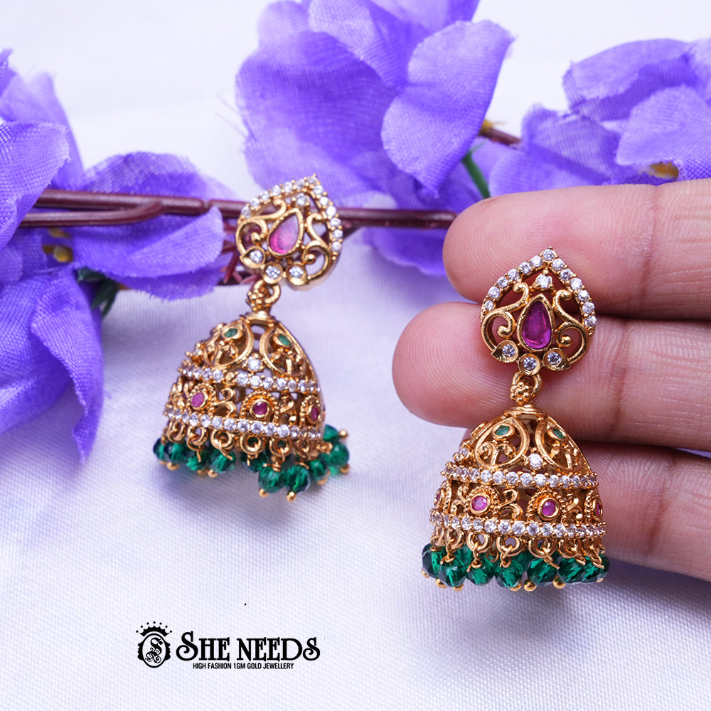 Aaradhya Antique Gold Jhumka Earrings with CZ Stones & Bead Drops | Traditional Party Wear Earrings