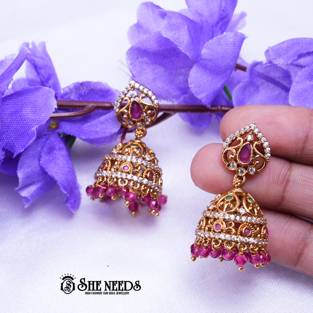 Aaradhya Antique Gold Jhumka Earrings with CZ Stones & Bead Drops | Traditional Party Wear Earrings