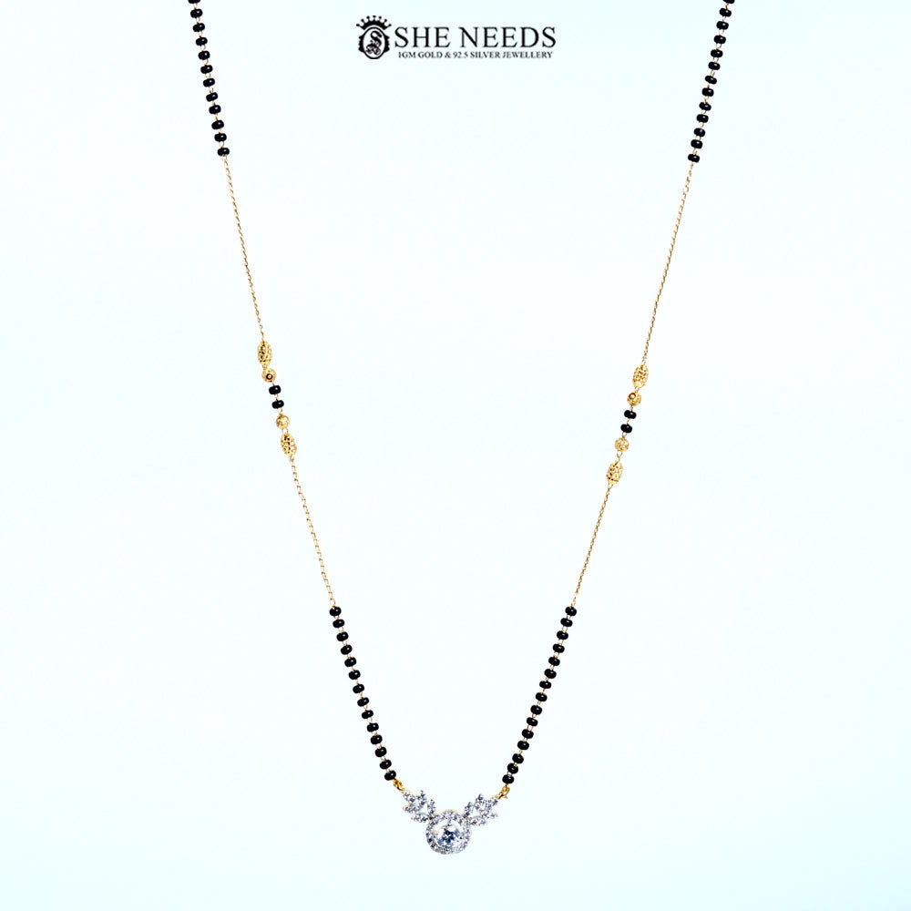 Full view of Aarini Gold Plated Halo American Diamond Mangalsutra with a round halo-style CZ pendant, elegant floral accents, and a traditional black bead chain. | She Needs Jewellery