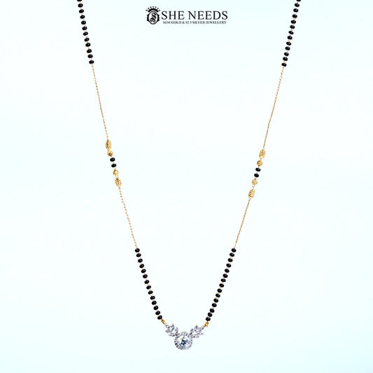 Full view of Aarini Gold Plated Halo American Diamond Mangalsutra with a round halo-style CZ pendant, elegant floral accents, and a traditional black bead chain. | She Needs Jewellery