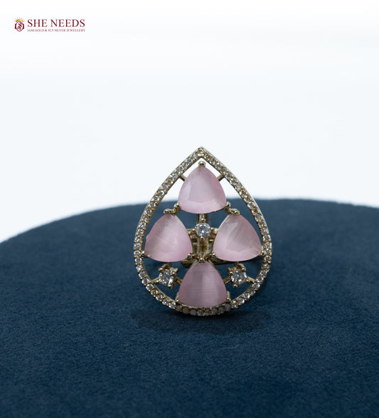 Antique gold teardrop statement ring with CZ stones and pastel pink mint stones