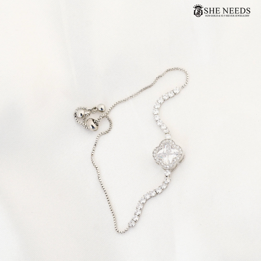 Adjustable CZ Bracelet featuring a sparkling cushion-cut center stone surrounded by cubic zirconia accents and a silver-tone adjustable slider chain.|She Needs Jewellery
