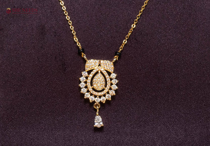 American Diamond Gold Plated Mangalsutra Pendant Necklace with Black Beads for Daily Wear