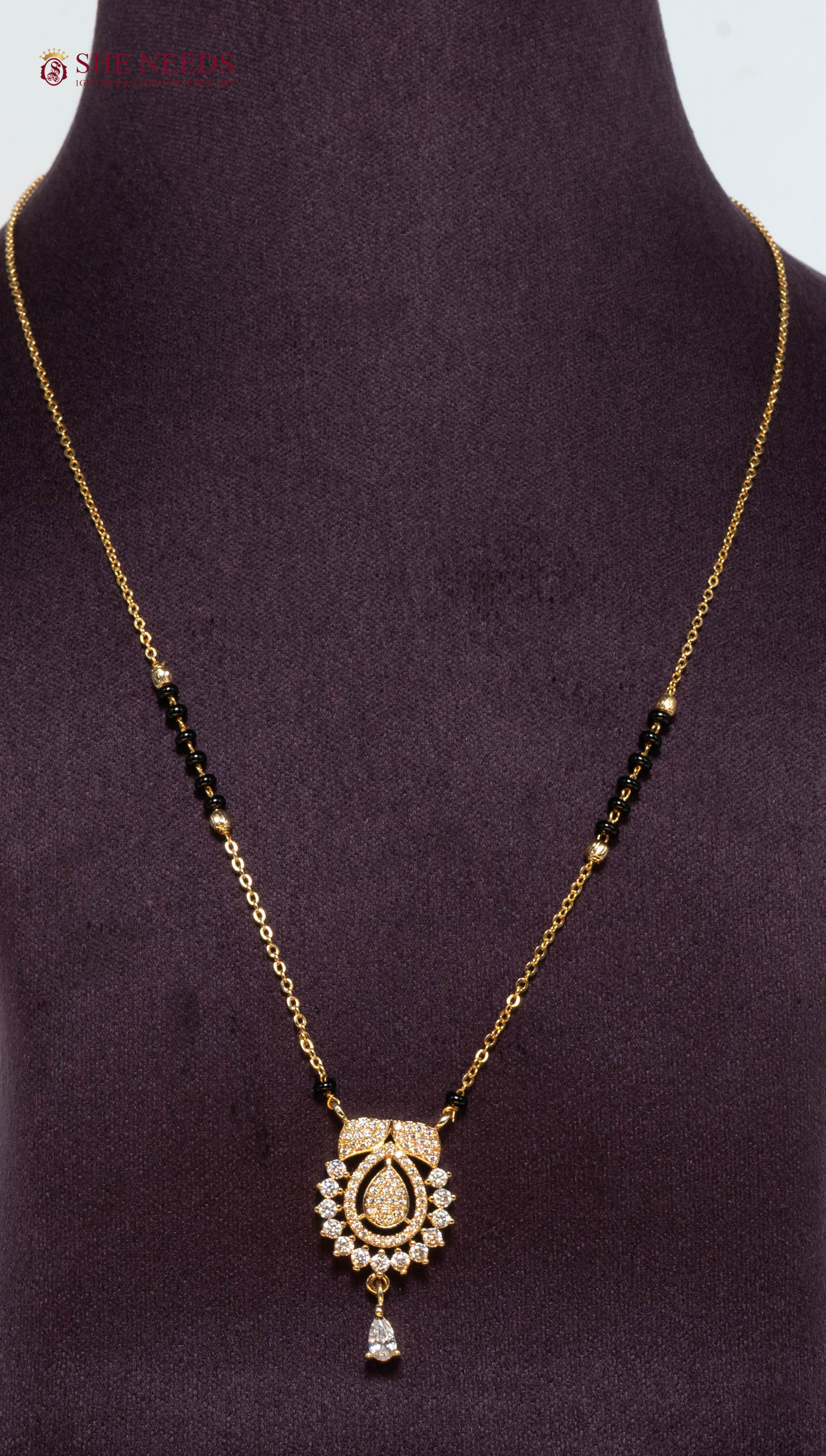 American Diamond Gold Plated Mangalsutra Pendant Necklace with Black Beads for Daily Wear