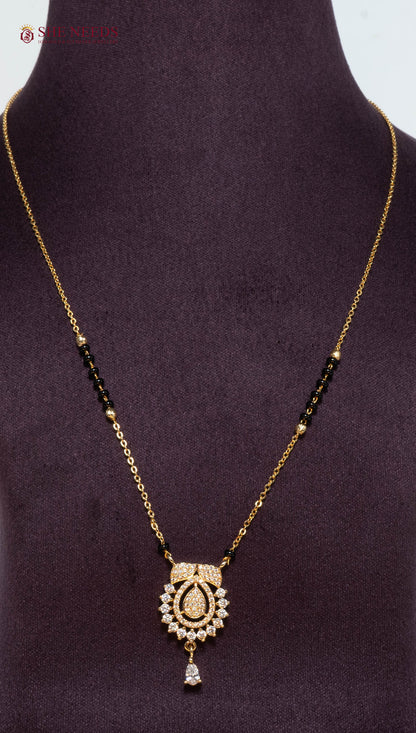 American Diamond Gold Plated Mangalsutra Pendant Necklace with Black Beads for Daily Wear