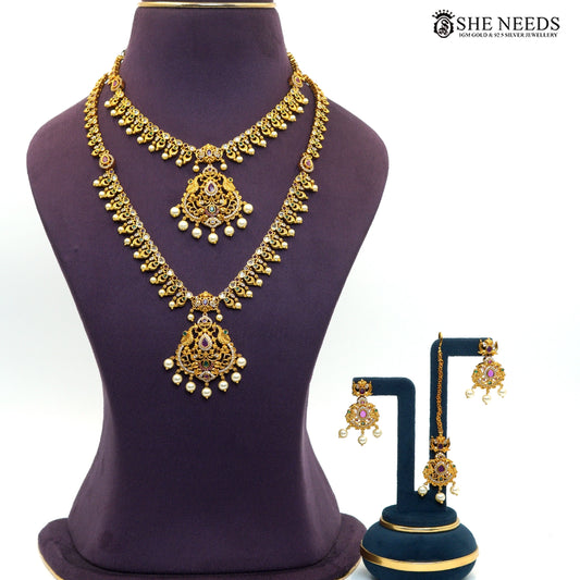 Antique gold pearl and ruby stone double layer necklace set with matching earrings and maang tikka|She Needs Jewellery
