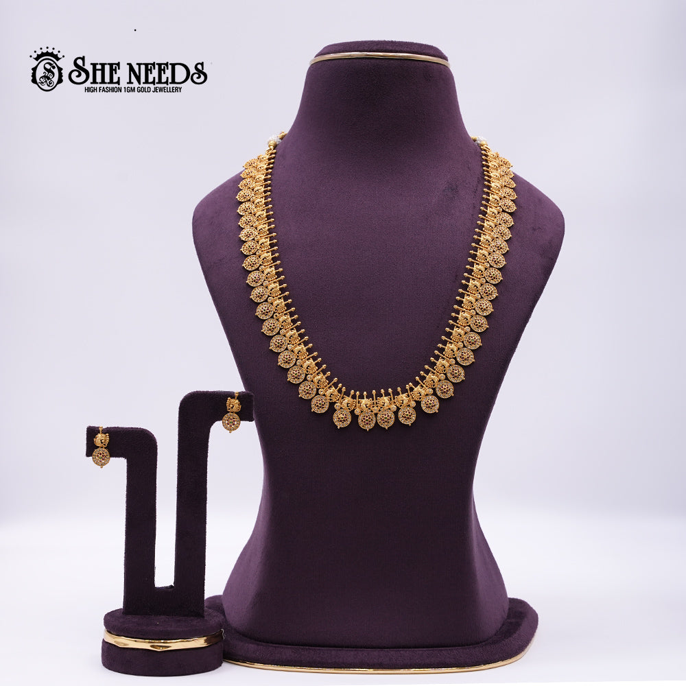 Antique Gold Temple Coin Necklace set with traditional temple coin design and matching earrings