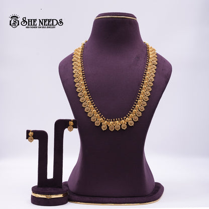 Antique Gold Temple Coin Necklace set with traditional temple coin design and matching earrings