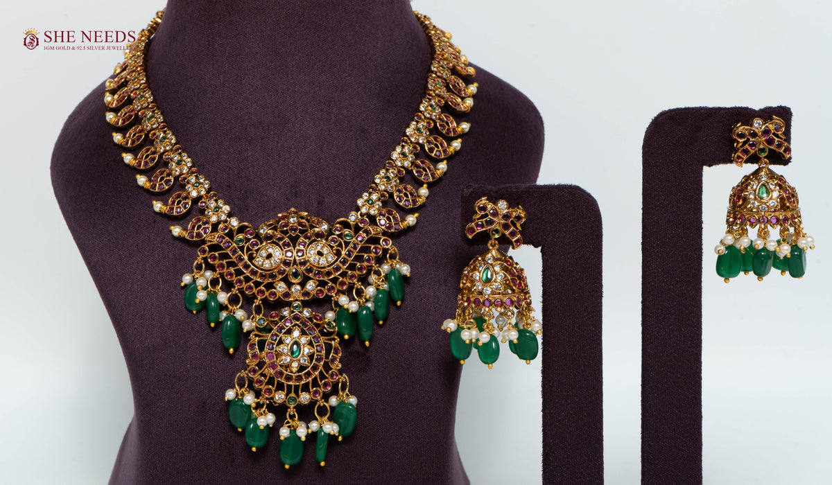 Antique Green Beaded Temple Necklace Set