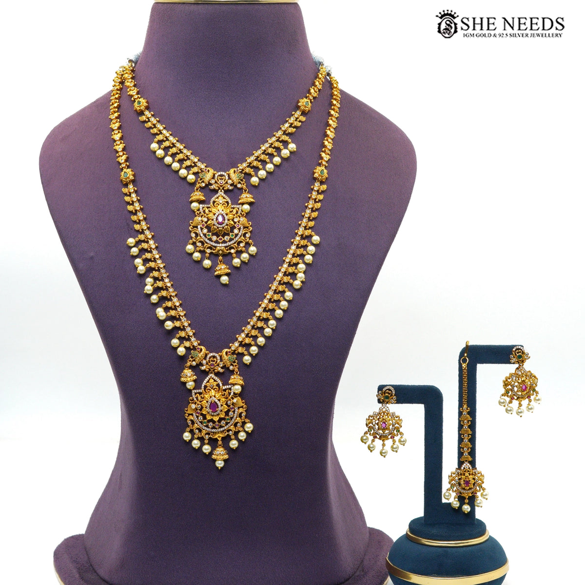 Antique gold double layer Lakshmi temple necklace set with matching earrings and pearl drops|She Needs Jewellery
