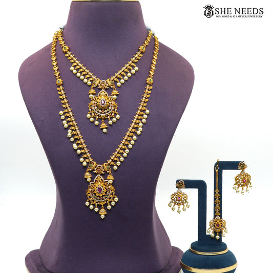 Antique gold double layer Lakshmi temple necklace set with matching earrings and pearl drops|She Needs Jewellery
