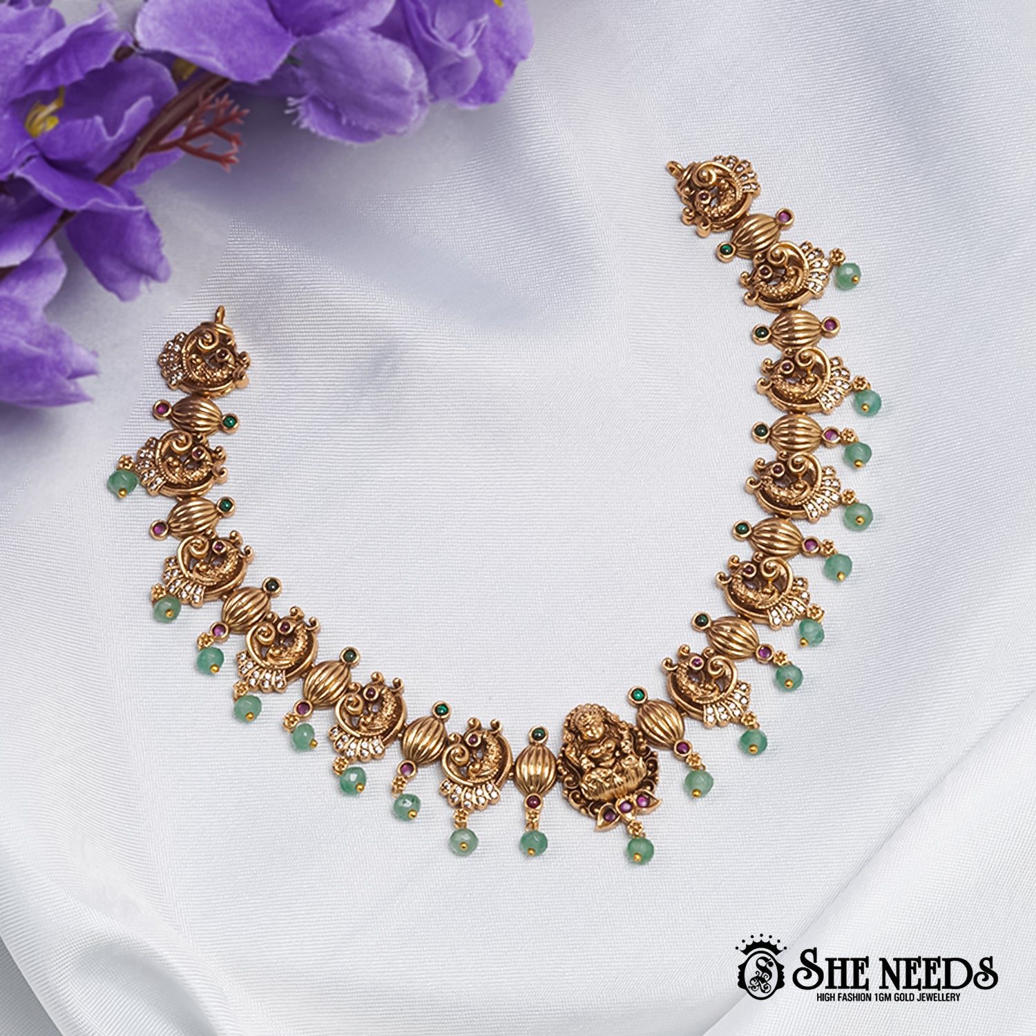 Antique Lakshmi Mint Drop Necklace with temple motifs and mint green bead drops
