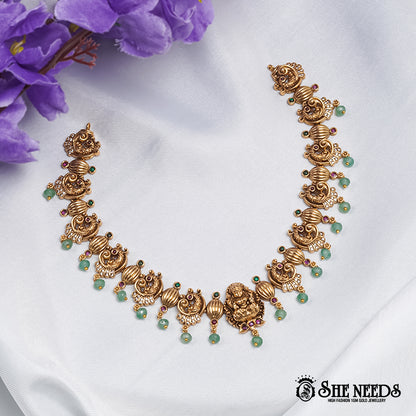 Antique Lakshmi Mint Drop Necklace with temple motifs and mint green bead drops