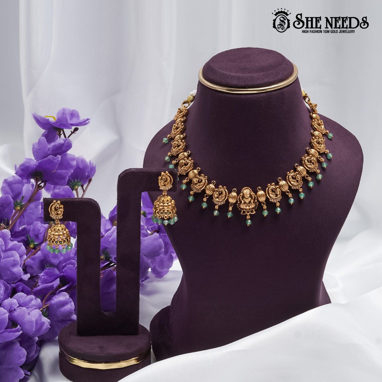 Antique Lakshmi Mint Drop Necklace with temple motifs and mint green bead drops