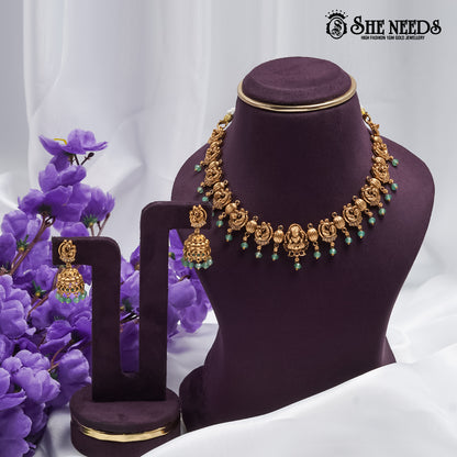Antique Lakshmi Mint Drop Necklace with temple motifs and mint green bead drops