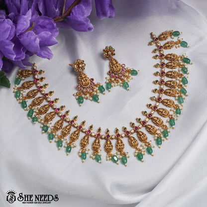 Antique Lakshmi Mint Drop Necklace Set with mint green bead drops and matching earrings