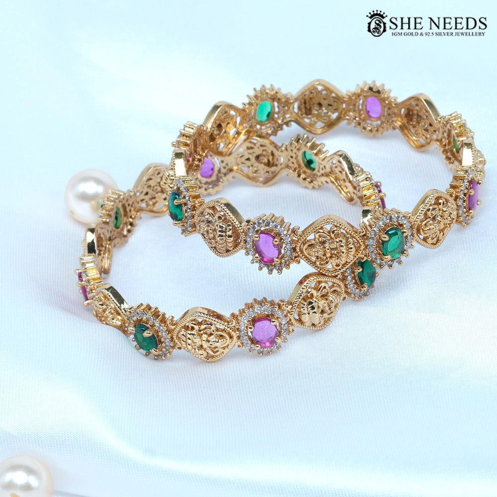 Antique Lakshmi Motif CZ Stone Bangles With Green & Pink Stones