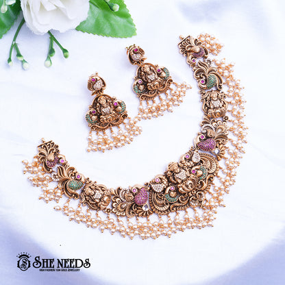 Antique Lakshmi Pearl Bridal Set with temple motifs and pearl hangings