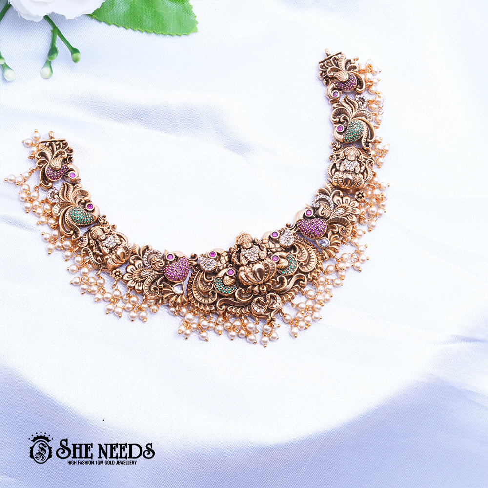 Antique Lakshmi Pearl Bridal Set with temple motifs and pearl hangings