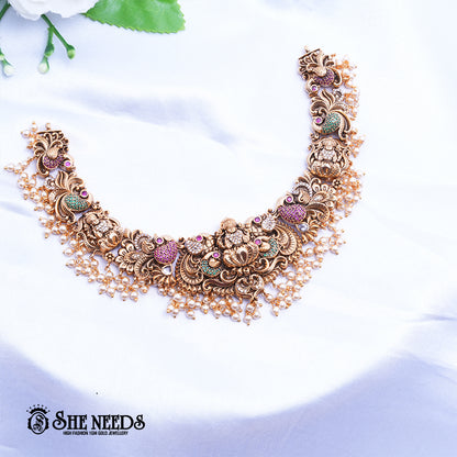 Antique Lakshmi Pearl Bridal Set with temple motifs and pearl hangings
