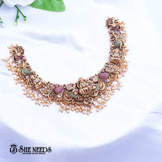 Antique Lakshmi Pearl Bridal Set with temple motifs and pearl hangings