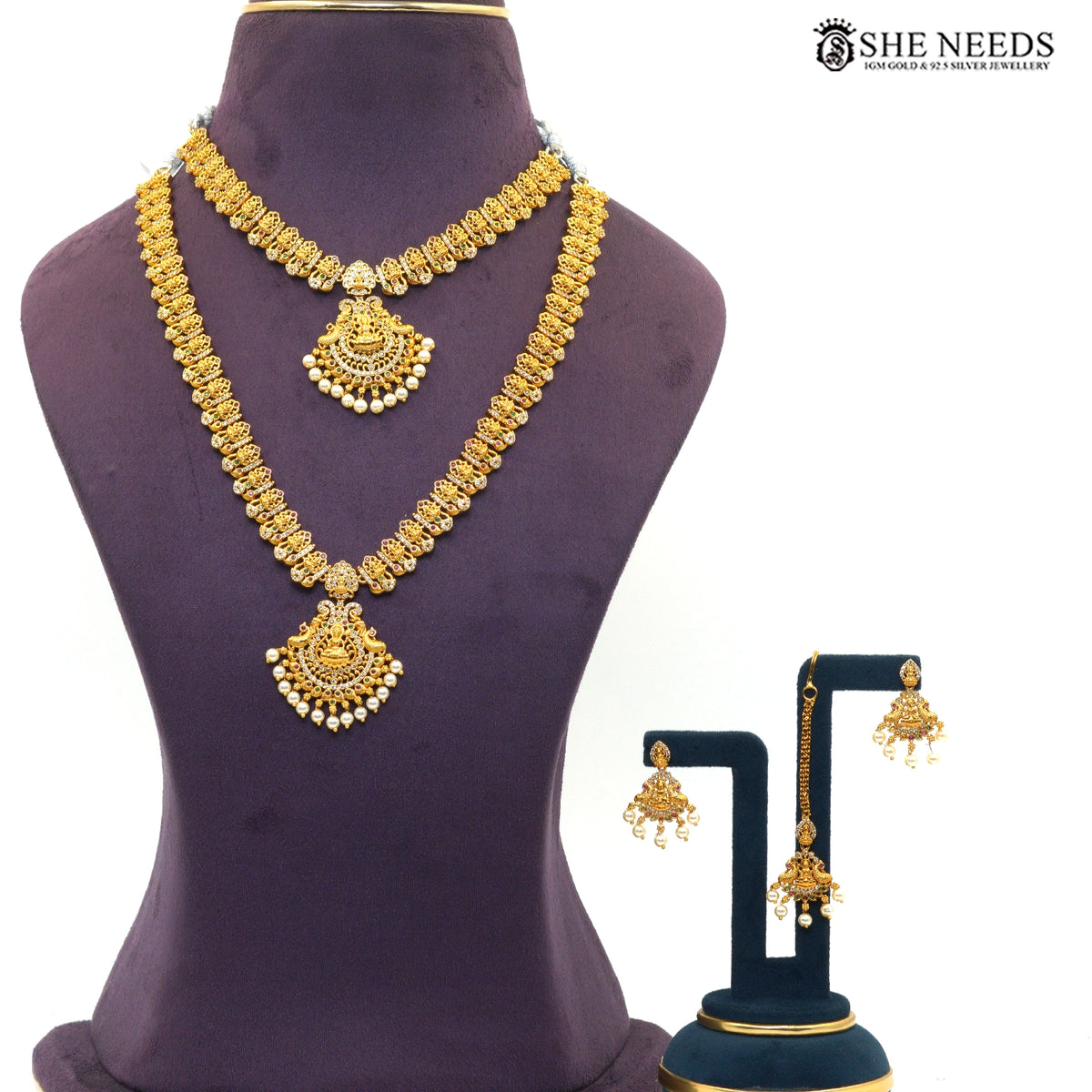 Antique Gold Lakshmi Temple Double Layer Necklace Set with Pearl Drops