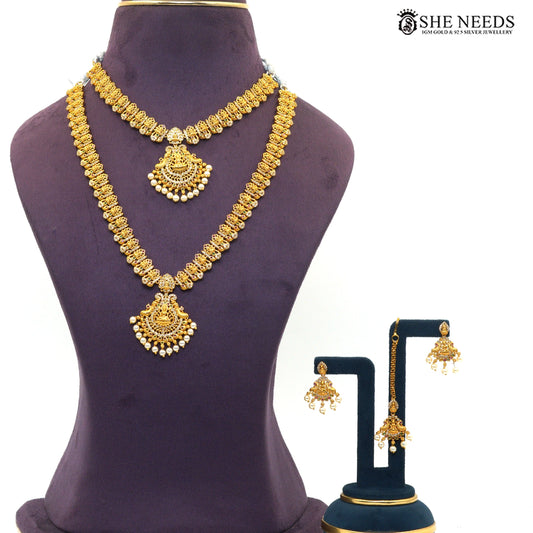 Antique gold Lakshmi double layer temple necklace set with matching earrings and pearl drops|She Needs Jewellery
