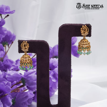 Antique Mint Pearl Jhumka Earrings with mint green bead drops and antique detailing