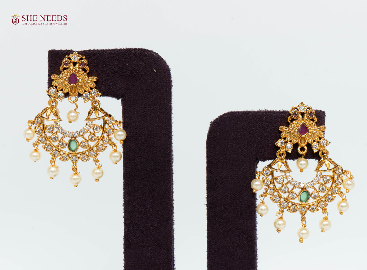 Antique Peacock Chandbali Earrings with Pearl Drops