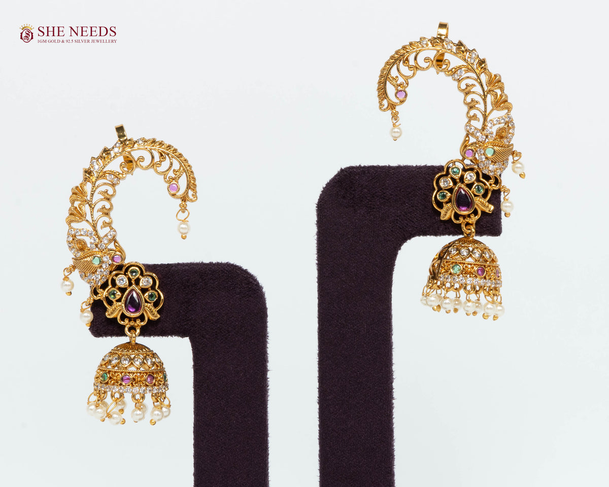 Antique Peacock Ear Cuff Jhumka Earrings with Pearl Drops