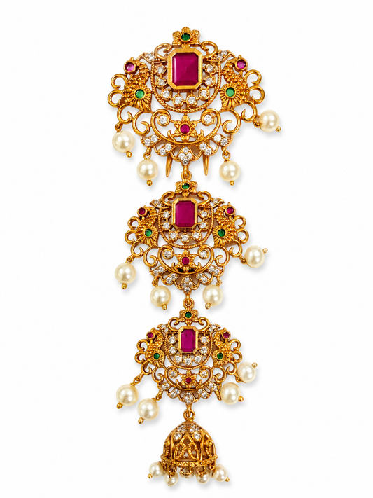 Antique gold South Indian Jada Set featuring ruby stones, sparkling AD stones, pearl danglers, and an elegant jhumka drop for bridal hairstyles.