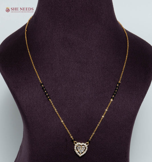 Anvika Heart American Diamond Mangalsutra Necklace with Heart CZ Pendant and Black Beads in Gold Plated Finish