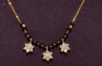 Anvitha Floral American Diamond Mangalsutra Necklace with Triple Floral CZ Pendant and Black Beads in Gold Plated Finish