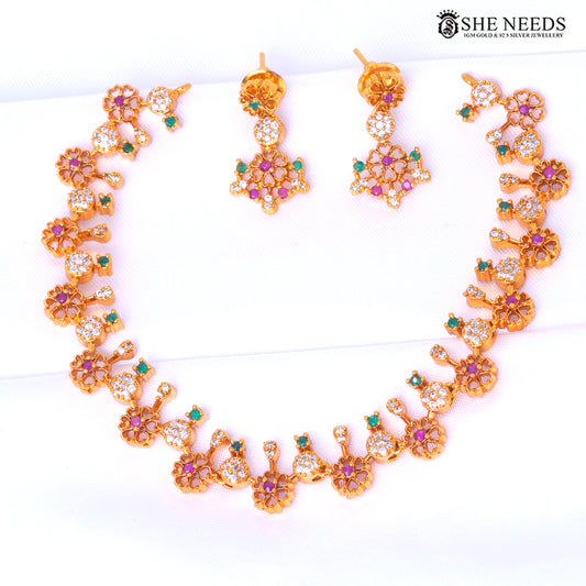 Aurelia Garden floral necklace set with ruby, emerald green and white stones with matching earrings|She Needs Jewellery
