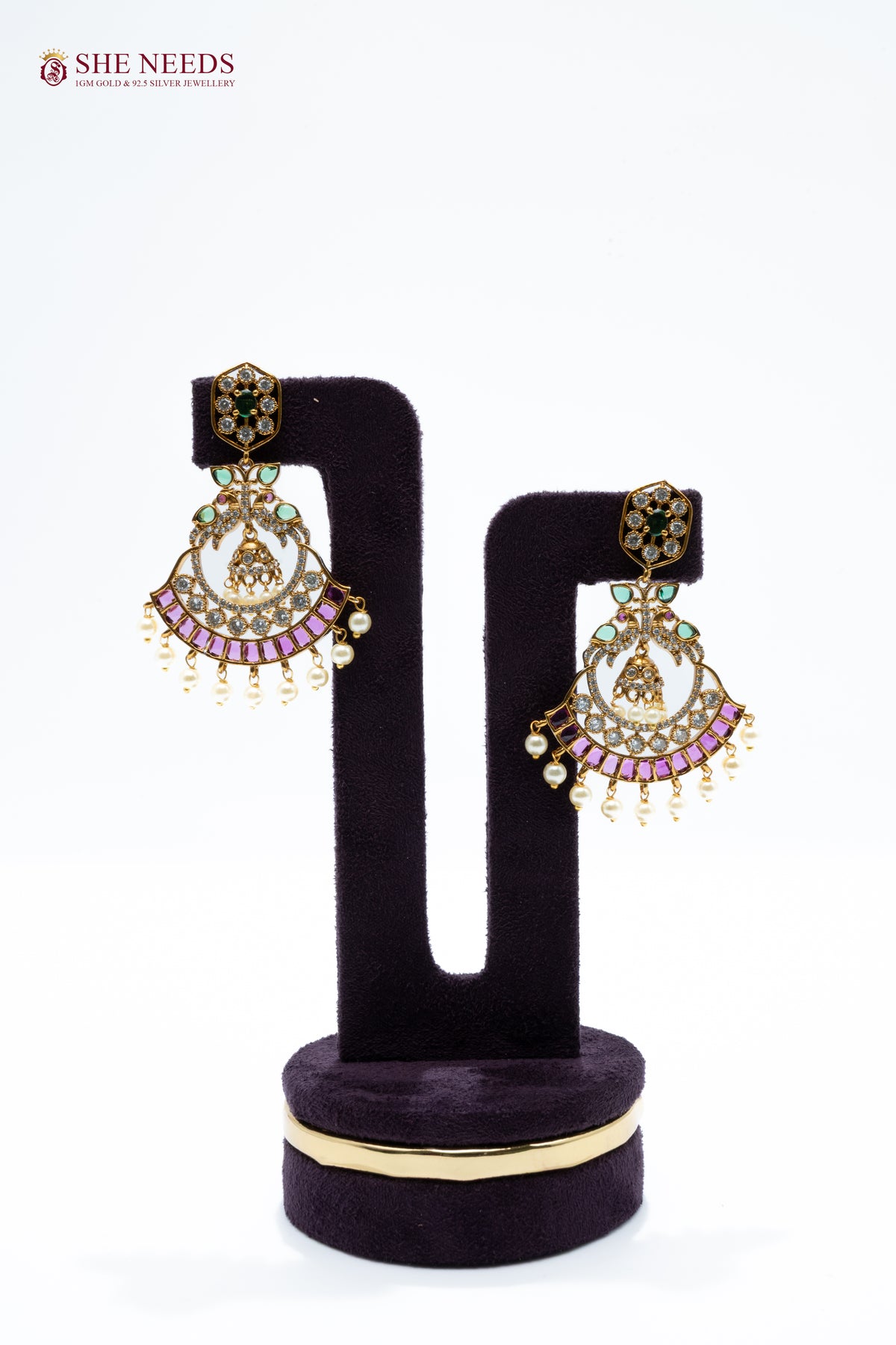 Chandbali Style Stone Jhumka Earrings with Pearl Drops | Festive Statement Earrings