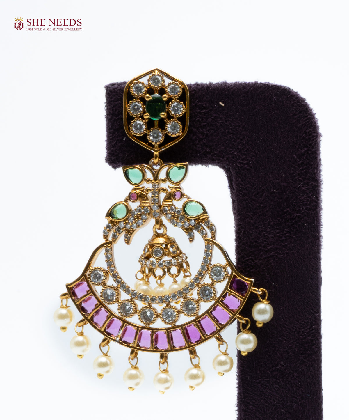 Chandbali Style Stone Jhumka Earrings with Pearl Drops | Festive Statement Earrings