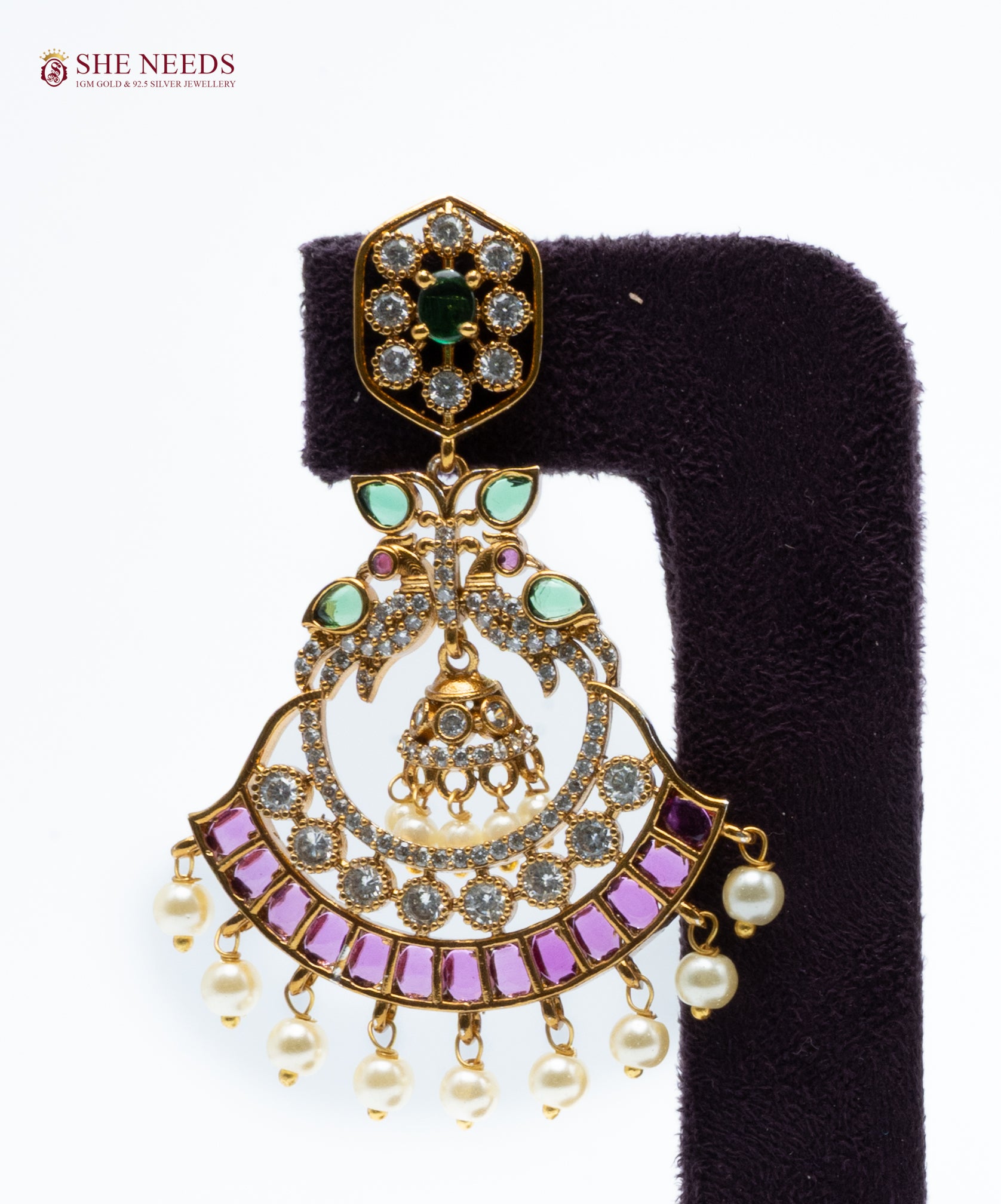 chandbali jhumka earrings pink green stones pearl drops traditional earrings