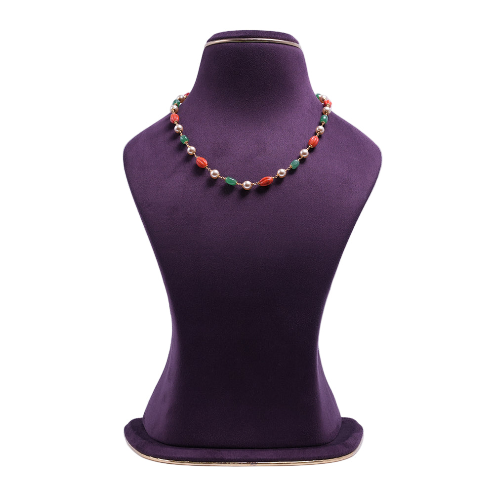 Coral & Emerald Pearl Harmony Necklace featuring coral-red textured beads, emerald-green beads, pearl accents, and decorative gold-tone detailing.|She Needs Jewellery
