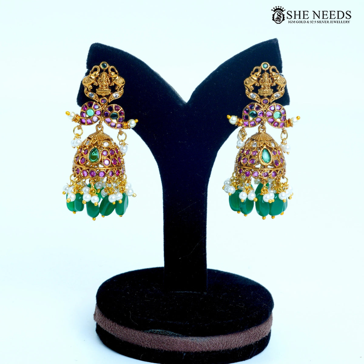 Devika Temple Dome Jhumka Earrings – Green, Pink & Gold