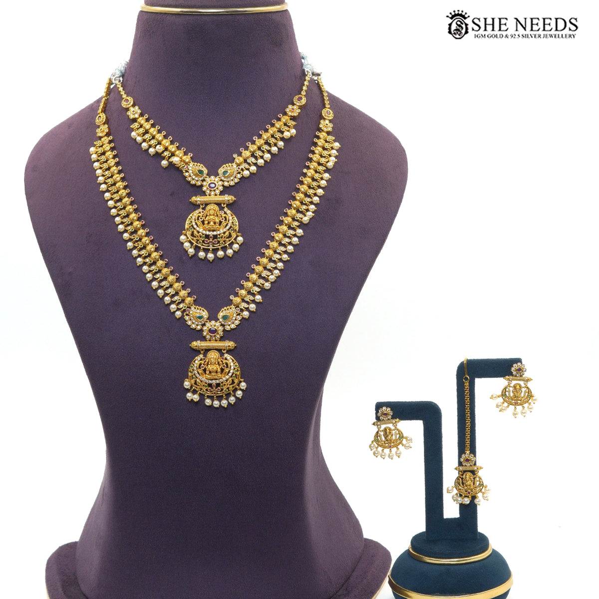 Double Layer Temple Necklace Set with Lakshmi Motif & Pearl Drop