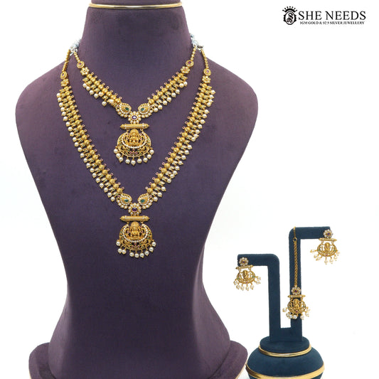 Double layer Lakshmi temple necklace set with matching earrings and maang tikka|She Needs Jewellery
