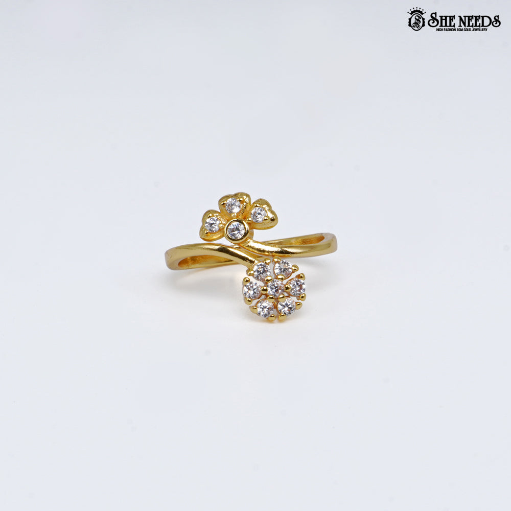 Gold-plated adjustable open ring featuring dual floral cubic zirconia clusters connected by an elegant crossover band on a white background.|She Needs Jewellery
background.